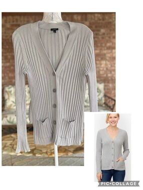 Talbots Gray Ribbed Knit Cardigan Sweater Fitted M Quiet Luxury